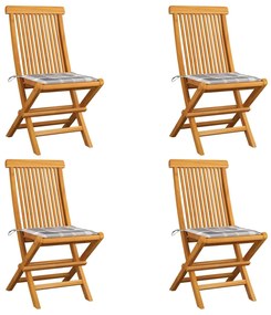 Καρέκλες Κήπου 4 τεμ. Μασίφ Ξύλο Teak με Γκρι Καρό Μαξιλάρια