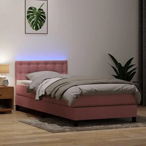 vidaXL Κρεβάτι Boxspring με Στρώμα &amp; LED Ροζ 80x220 εκ. Βελούδινο