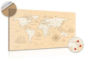 Εικόνα ενός ενδιαφέροντος μπεζ παγκόσμιου χάρτη σε έναν φελλό - 90x60  wooden
