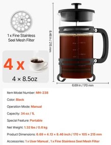 VEVOR French Press Coffee Maker 1L Borosilicate Glass Coffee Tea Press Silver