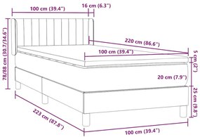 Box Spring κρεβάτι με στρώμα ανοιχτό γκρι 100x220 εκ. Βελούδινο - Γκρι