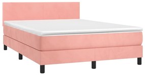 vidaXL Κρεβάτι Boxspring με Στρώμα &amp; LED Ροζ 140x200 εκ. Βελούδινο