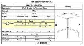 BALENO Τραπέζι Κήπου - Βεράντας, Μέταλλο Βαφή Μαύρο, Γυαλί Tempered