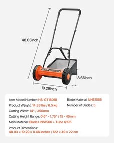 VEVOR 14" Push Reel Lawn Mower 5-Blade Adjustable Height Grass Catcher 2 Wheels