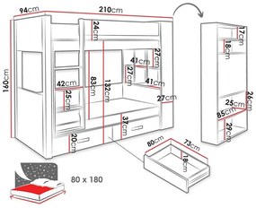 Κουκέτα Henderson 141, Δύο ορόφων, Μπλε, 80x180, Ξύλο, Πλαστικοποιημένη μοριοσανίδα, Τάβλες για Κρεβάτι, 94x210x160cm, 89 kg, Ξύλο: Πεύκο | Epipla1.gr