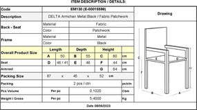 DELTA Πολυθρόνα Μέταλλο Βαφή Μαύρο, Ύφασμα Patchwork   2τμχ