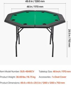VEVOR 1220 mm Folding Poker Table Foldable 8 Player Casino Texas Holdem Table