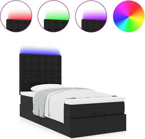 vidaXL Οθωμανικό κρεβάτι με στρώμα &amp; LEDs Μαύρο Συνθετικό δέρμα