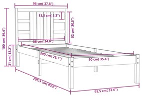 Πλαίσιο Κρεβατιού 90 x 200 εκ. από Μασίφ Ξύλο - Καφέ