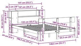 Κρεβάτι Βιβλιοθήκη Χωρίς Στρώμα 135x190 εκ Μασίφ Ξύλο Πεύκου - Καφέ