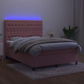 vidaXL Κρεβάτι Boxspring με Στρώμα &amp; LED Ροζ 140x200 εκ. Βελούδινο
