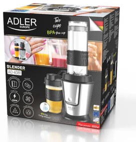 Μπλέντερ Adler AD 4081, 800W, 2 μπολ/φιάλες 400/570 ml, 20000 στροφές ανά λεπτό, 4 λεπίδες από ανοξείδωτο ατσάλι, παγοδιακόπτης, χωρίς BPA, Μαύρο