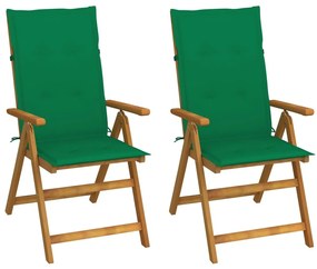 Καρέκλες Κήπου Ανακλινόμενες 2 τεμ. Ξύλο Ακακίας με Μαξιλάρια - Πράσινο