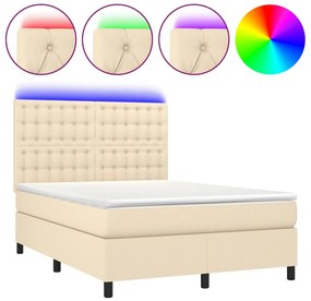 vidaXL Κρεβάτι Boxspring με Στρώμα &amp; LED Κρεμ 140x190 εκ. Υφασμάτινο