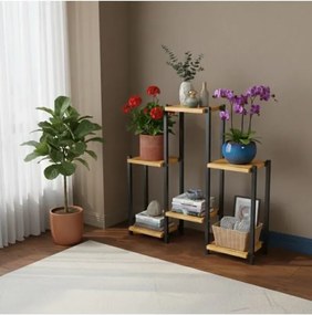Stewehome Ράφι με πεύκο για λουλούδια με μεταλλική βάση Μαύρο