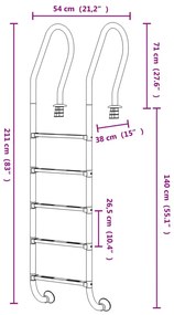 vidaXL Σκάλα Πισίνας 54 x 38 x 211 εκ. από Ανοξείδωτο Ατσάλι 304