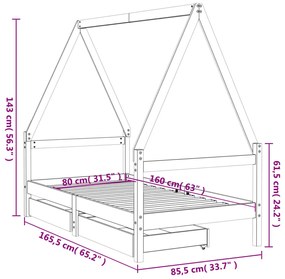 Πλαίσιο Παιδικού Κρεβατιού Συρτάρια Μαύρο 80x160εκ. Ξύλο Πεύκου - Μαύρο
