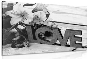 Εικόνα με ξύλινη επιγραφή Love σε ασπρόμαυρο - 120x80