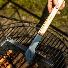 Σετ από 3 σκεύη BBQ Kinghoff KH 1918, Σπάτουλα, Σπάτουλα, Πιρούνι, Ξύλινες λαβές, Βρόχοι για κρέμασμα, Inox/καφέ