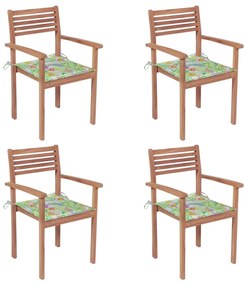 vidaXL Καρέκλες Κήπου 4 τεμ. Ξύλο Teak & Μαξιλάρια με Σχέδιο Φύλλων