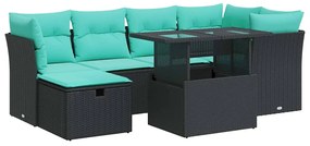 vidaXL Καναπές Σετ 7Τεμαχίων Μαύρο Συνθετικό Ρατάν με Μαξιλάρια Ακακία