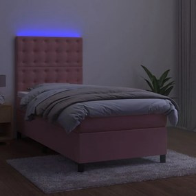 vidaXL Κρεβάτι Boxspring με Στρώμα &amp; LED Ροζ 90x200 εκ. Βελούδινο