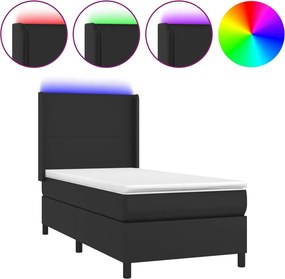 vidaXL Κρεβάτι Boxspring με Στρώμα &amp; LED Μαύρο 90x200 εκ. Συνθ. Δέρμα