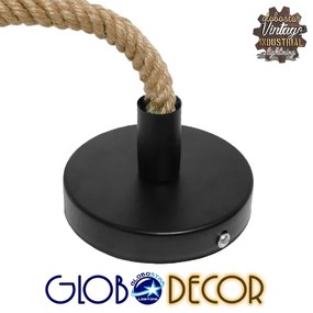 GloboStar® MALVERN 10001238 Vintage Industrial Κρεμαστό Φωτιστικό Οροφής Μονόφωτο 1 x E27 Μαύρο Μεταλλικό με Μπεζ Σχοινί Μ37 x Π22 x Υ34cm