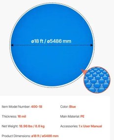 VEVOR Solar Pool Cover, 5.49m Round Pool Bubble Cover, 16 Mil Pools Solar Blanket with Bubble &amp; PE Material, Daytime Heat Absorption, Nighttime Heat Retention, Heat Retaining Solars Covers, Blue