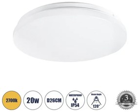 CELANO 61007 LED Πλαφονιέρα Οροφής Στρόγγυλη Φ26 20W 1800lm 120° AC 220-240V Αδιάβροχη IP54 Φ26 x Υ6cm Θερμό Λευκό Globostar 61007