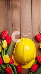 Intra Συλλεκτικό Ξύλινο Παζλ Plywood  4mm - Κίτρινο σκληρό καπέλο με τουλίπες σε ξύλινο τραπέζι Σε Ξύλινο Κουτί - Διαστάσεις: 10x10 cm – 25 κομμάτια