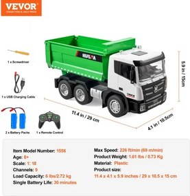VEVOR RC Remote Control Dump Truck Toy Construction Vehicle Toy 9CH 1:18 Scale