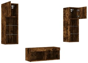 vidaXL Ντουλάπια Τηλεόρασης Τοίχου 4 Τεμ. με Φώτα LED Καπνιστή Δρυς