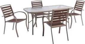 SERRANO-RIO Set Κήπου: Τραπέζι + 4 Πολυθρόνες, Μέταλλο Βαφή Beige, Polywood Καρυδί   1τμχ