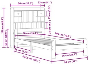 Κρεβάτι Βιβλιοθήκη Χωρίς Στρώμα 90x200 εκ Μασίφ Ξύλο Πεύκου - Λευκό