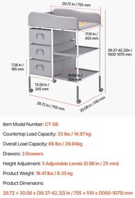 VEVOR Baby Changing Table Portable Diaper Change Station with 3 Drawers &amp; Wheels
