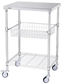 VEVOR Kitchen Utility Cart, 3 Tiers, Wire Rolling Cart with 470LBS Capacity, Steel Service Cart on Wheels, Metal Storage Trolley with 76mm Basket Curved Handle PP Liner 6 Hooks, for Indoor and Outdoor