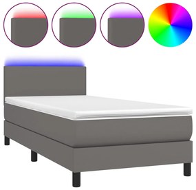 vidaXL Κρεβάτι Boxspring με Στρώμα &amp; LED Γκρι 100x200 εκ. Συνθ. Δέρμα