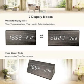 Ξύλινο Τριγωνικό Ψηφιακό Ρολόι με οθόνη LED, Ξυπνητήρι, Θερμόμετρο - Μαύρο