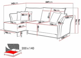 Γωνιακός Καναπές Providence 146, Λειτουργία ύπνου, Αποθηκευτικός χώρος, 247x142x96cm, 123 kg, Πόδια: Μέταλλο | Epipla1.gr