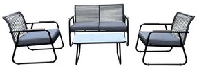 WOODWELL ROCCO Set Σαλόνι Κήπου 4τεμ, Μέταλλο Μαύρο,RopeWicker Γκρι, Μαξιλ.Σκούρο Γκρι, Γυαλί Μαύρο 2 Πολυθρ+1 Καναπ+1 Τραπεζάκι Ε6873,1