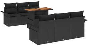 vidaXL Σετ 7 τεμαχίων καναπέ κήπου με μαξιλάρια Μαύρο Πολυ Ράταν Ακακίας