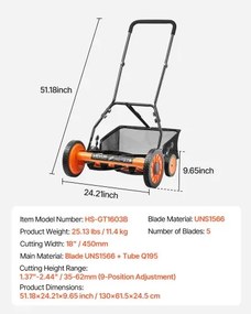 VEVOR 18" Push Reel Lawn Mower 5-Blade Adjustable Height Grass Catcher 4 Wheels