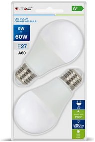 V-Tac Λάμπα LED  E27 9W A60 Εναλλαγής Χρώματος Θερμό/Φυσικό/Ψυχρό Συσκευασία Blister 2 Τμχ 7309