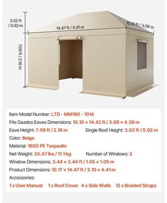 VEVOR Winter Gazebo Cover Fits 3.08 x 4.39 m Hardtop Gazebos, All-Weather Gazebo Cover with Sidewalls &amp; Windows, High-Density PE Material, Enclosed Storage Shelter Covers, Gazebos not Included