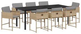 vidaXL Σετ Τραπεζαρίας Κήπου 9 τεμαχίων με Μαξιλάρια σε Μπεζ Πολυ Ράταν