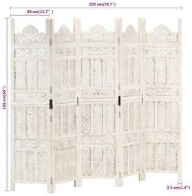 vidaXL Παραβάν Σκαλιστό στο Χέρι 5 Πάνελ Λευκό 200x165 εκ. Ξύλο Μάνγκο