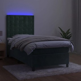 vidaXL Κρεβάτι Boxspring με Στρώμα &amp; LED Σκ. Πράσινο 80x200 εκ Βελούδο