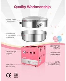 VEVOR Commercial Cotton Candy Machine Sugar Floss Maker 1000W for Party Pink