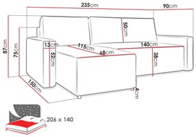 Γωνιακός Καναπές Stamford 107, Λειτουργία ύπνου, Αποθηκευτικός χώρος, 235x150x87cm, 80 kg, Πόδια: Πλαστική ύλη | Epipla1.gr